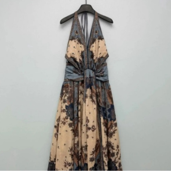 Zimmermann Dresses & Skirts - Zimmermann Retro Halter Neck Deep V Backless Linen Print Maxi Dress